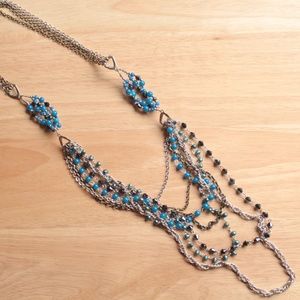 Multi Strand Blue Black Beaded Semi Precious Stone Silver Tone Necklace